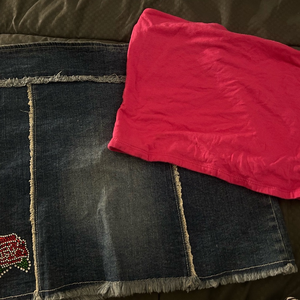 Denim Skirt with Pink Top
